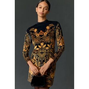 By Anthropologie Long Sleeve Printed Velvet Mini Dress Black Yellow Motif S NWT